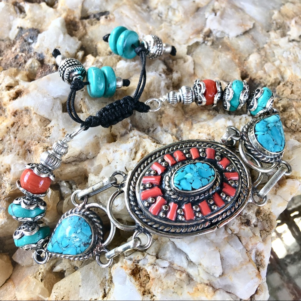 Coral and turquoise Tibetan silver & cord bracelet